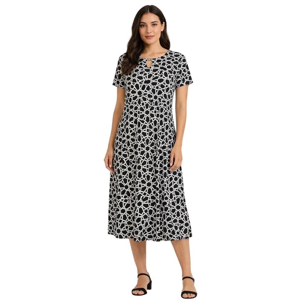 MSK Women's Black & White Geometric Print Midi Dress Size L Short Sleeve